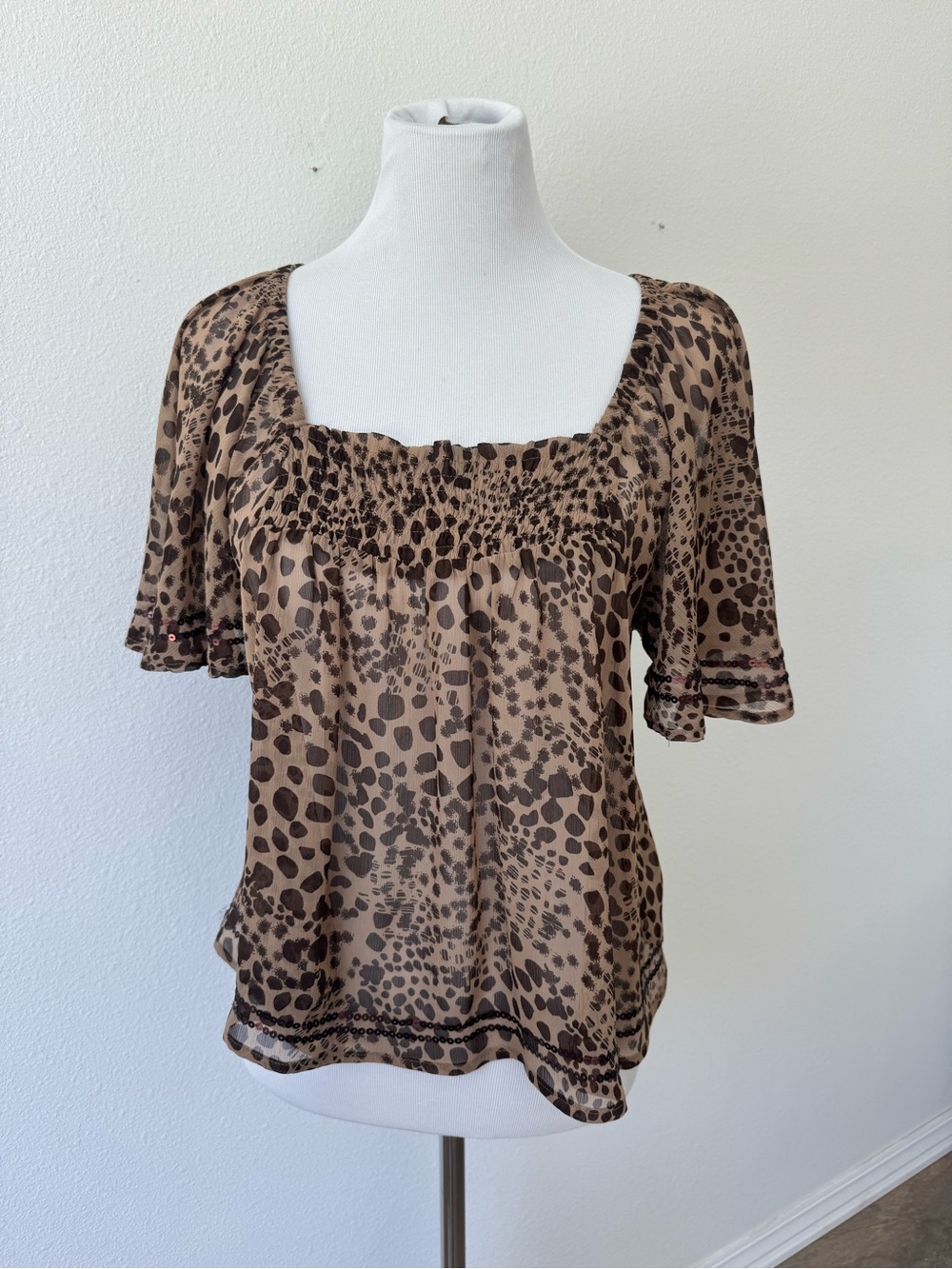 Candie’s Sheer Women's Brown Leopard Print Short Sleeve Top with Sequins